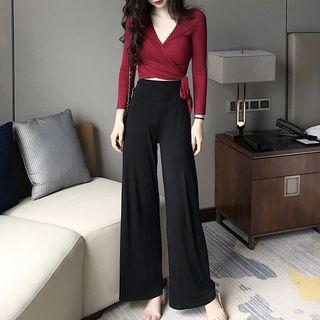 Long-sleeve Side-tie Top/ Wide-leg Pants
