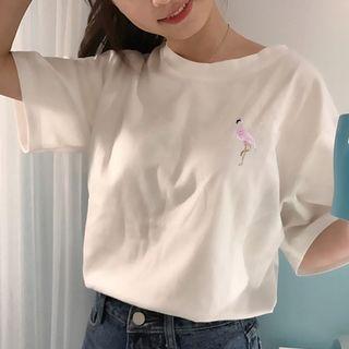 Couple Matching Elbow-sleeve Embroidered Flamingo T-shirt