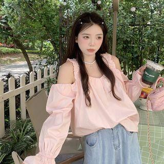 Long-sleeve Cold-shoulder Blouse Light Pink - One Size
