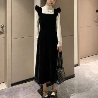 Set: Mock Neck Plain T-shirt + Ruffled Sleeveless Midi Dress