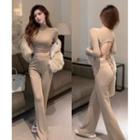 Open Tie-back Knit Crop Top / High-waist Boot-cut Pants