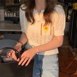 Short-sleeve Eyelet Knit Top White - One Size