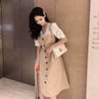 Short-sleeve V-neck Single-breasted Midi Dress
