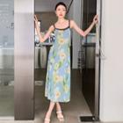 Spaghetti Strap Floral Print Midi Dress Light Yellow & Green & Blue - One Size