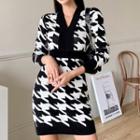 Long-sleeve V-neck Houndstooth Knit Dress Houndstooth - One Size