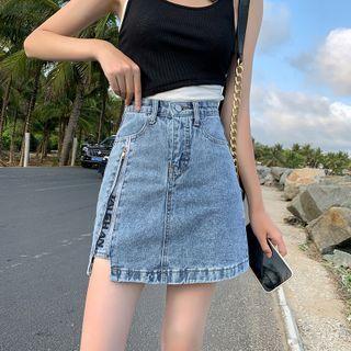 Lettering Embroidered Mini A-line Denim Skirt