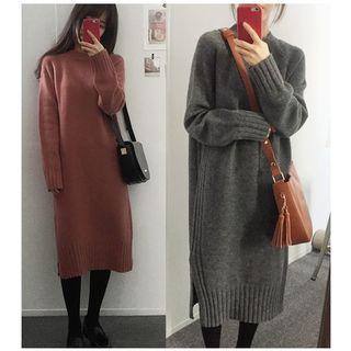 Side-slit Long-sleeve Midi Knit Dress