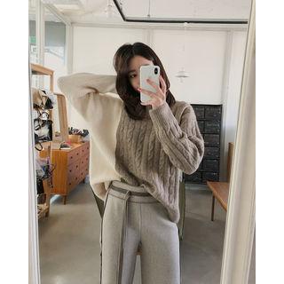 Wool Blend Two-tone Cable Sweater