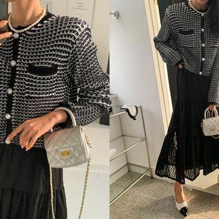 Faux-pearl Cropped Tweed Cardigan Black - One Size