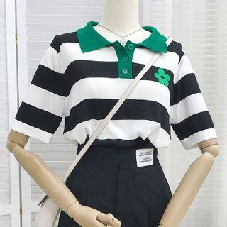 Contrast Collar Striped Knit Polo Shirt Green - One Size