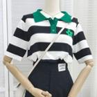Contrast Collar Striped Knit Polo Shirt Green - One Size