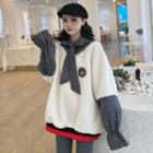 Mock Two Piece Bell-sleeve Plaid Panel Patch Sweater As Shown In Figure - One Size