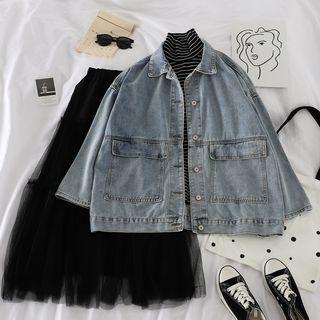 Long-sleeve Denim Jacket / High-waist Layered Pleated Sheer Skirt / Mock Neck Striped T-shirt
