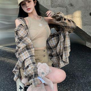 Plaid Shirt / Cropped Tank Top / A-line Skort