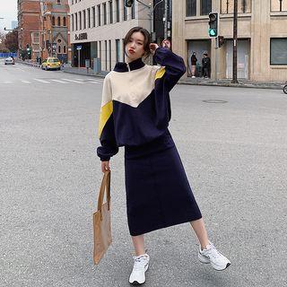 Set: Color Block Half-zip Pullover + Midi Straight-fit Skirt