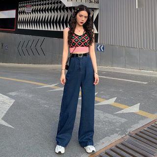Pattern Camisole Top / High-waist Loose-fit Jeans