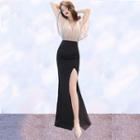 Short-sleeve Color Block Slit Mermaid Maxi Dress