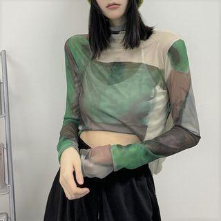 Long-sleeve Print Top Green - One Size