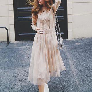 Mock Two-piece Long Sleeve Plain Panel Mesh Dress