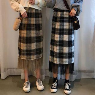 Plaid Mesh Panel Midi A-line Skirt