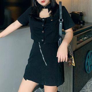 Short-sleeve Button Up Top / A-line Skirt