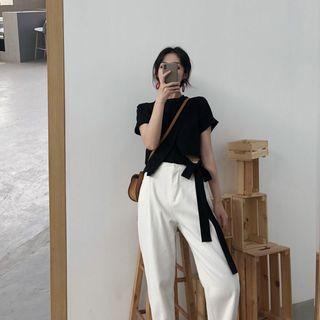 Set: Plain Short Sleeve Cropped T-shirt + Straight Cut Cropped Pants
