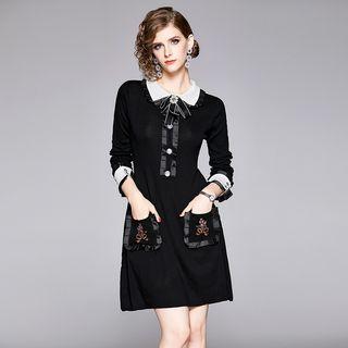 Long-sleeve A-line Knit Dress Black - One Size
