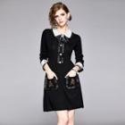 Long-sleeve A-line Knit Dress Black - One Size