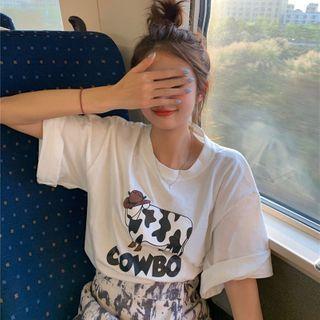 Short-sleeve Cow Print T-shirt / Tie-dyed A-line Skirt
