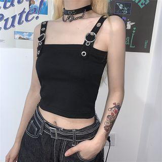 Spaghetti Strap Buckled Knit Crop Top Black - One Size