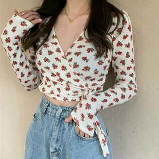 V-neck Floral Print Tie-front Top Floral - One Size
