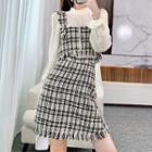 Set: Flower Print Blouse + Plaid Cropped Camisole Top + Fringed Hem Mini A-line Skirt