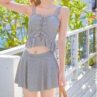 Set: Plaid Lace-up Bikini Top + Swim Skirt