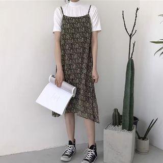 Set: Mock Neck Short Sleeve T-shirt + Floral Print Slipdress