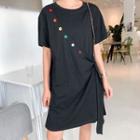 Short-sleeve Asymmetric Buttoned T-shirt Dress Black - One Size