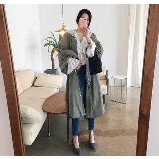 Mandarin-collar Puff Long-sleeve Long Shirtdress With Sash