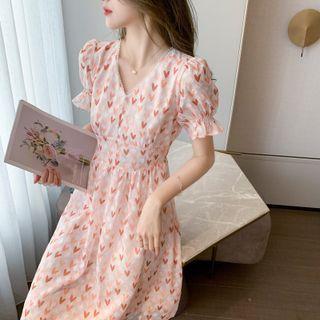 Short-sleeve Heart Print A-line Chiffon Dress