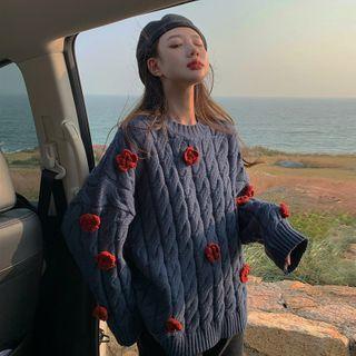Flower Applique Cable Knit Sweater Blue - One Size