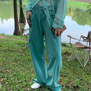 High-waist Washed Straight-cut Jeans Green - One Size