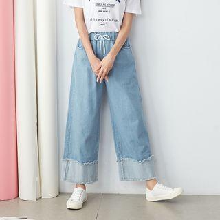 Contrast Hem Drawstring Waist Wide-leg Jeans