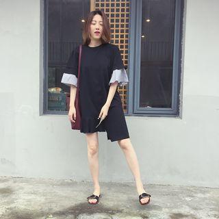 Stripe Panel Ruffle Trim Asymmetrical Short-sleeve Dress