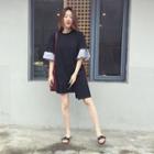 Stripe Panel Ruffle Trim Asymmetrical Short-sleeve Dress