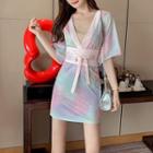 Set: Elbow-sleeve Mini Sheath Dress + Belt