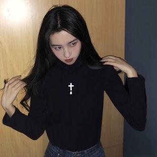 Cross Print Long-sleeve T-shirt Black - One Size