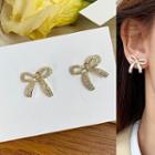 Rhinestone Bow Earring 1 Pair - Stud Earring - Bow - Gold - One Size