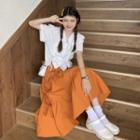 Short-sleeve Drawstring Blouse / Midi A-line Skirt