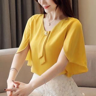 Short-sleeve V-neck Faux Pearl-accent Blouse