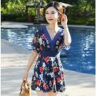 Flower Print Short-sleeve Swim Dress / Goggles / Swim Cap / Swim Shorts / Set