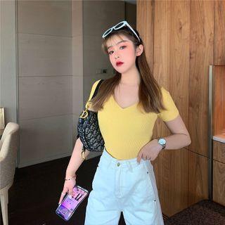 Plain V Collar Silk Short-sleeved Knit Top