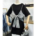 Elbow-sleeve Mock Two-piece T-shirt Dress Black - One Size